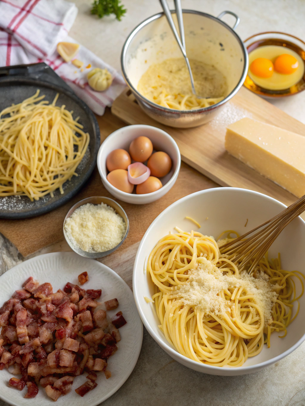 spaghetti carbonara preparing steps